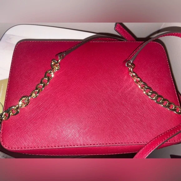 Michael Kors LG Frame Out Item Cherry Red Cross Grain Leather Crossbody Bag - Picture 14 of 16